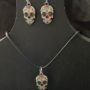 Colorful Skull Pendant Necklace and Earring Set